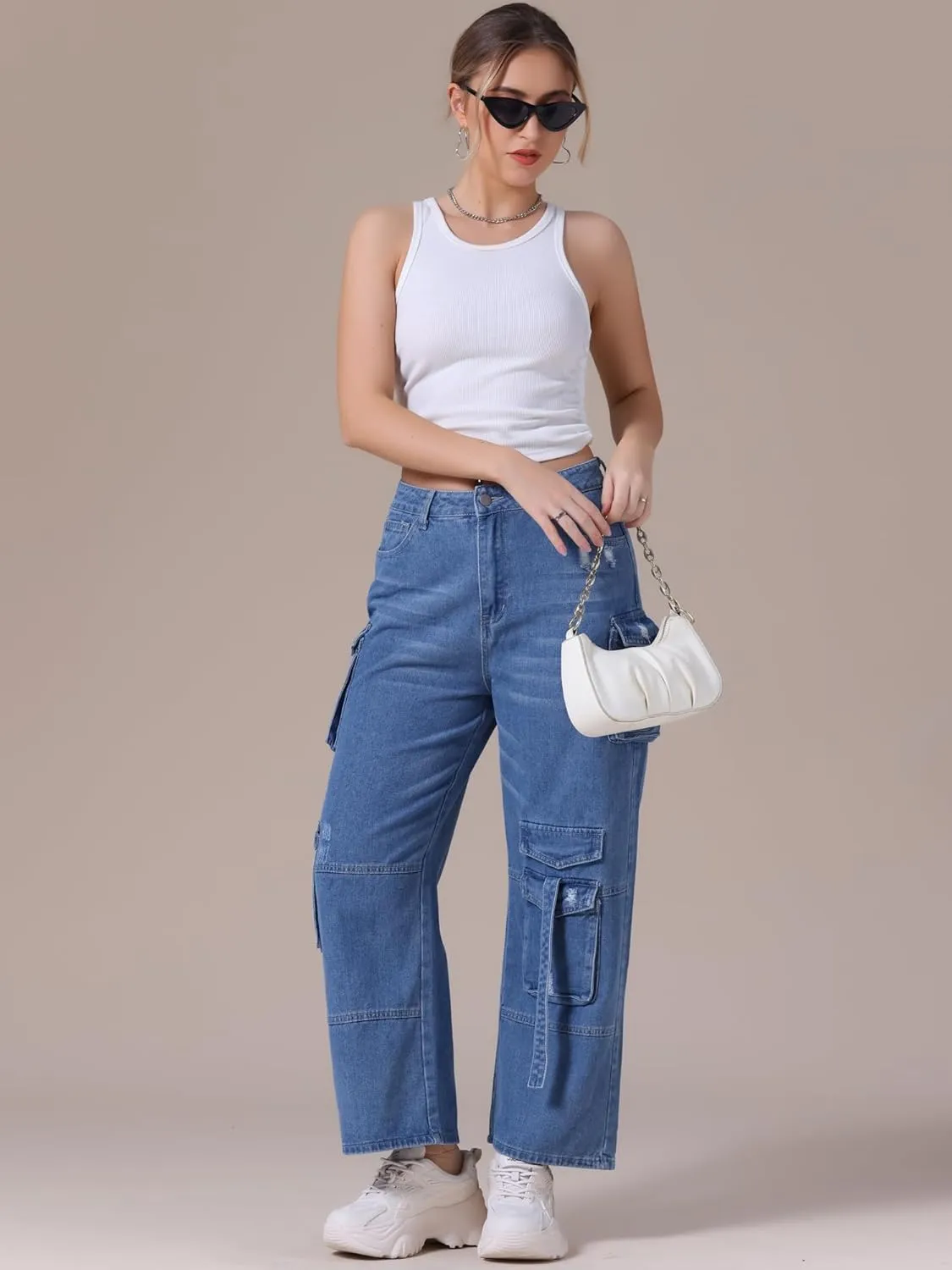 Women's Cargo Jeans Straight Wide Leg High Waist 8 Pockets Casual Baggy Denim Pants
