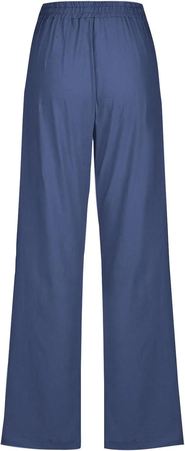 Women's Casual Cotton Linen Pants Summer Relax Fit Elastic Waist Straight Leg Comfy Solid Color Lounge Long Trouser