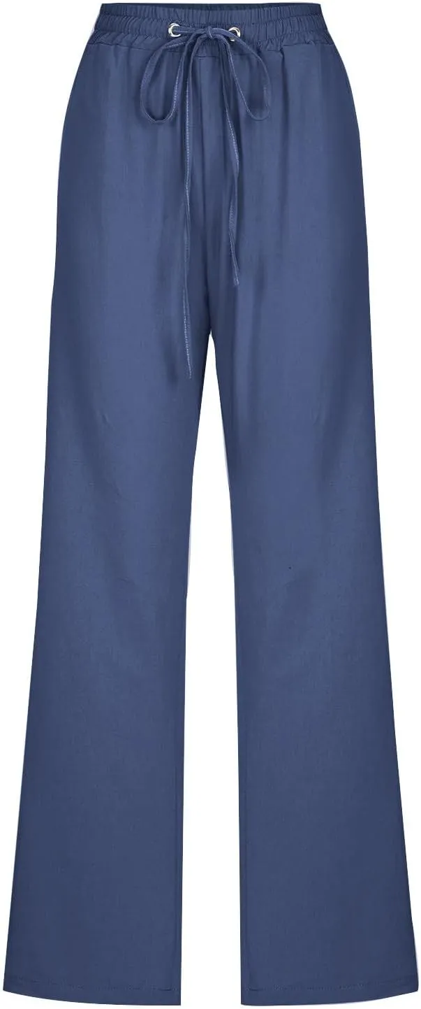Women's Casual Cotton Linen Pants Summer Relax Fit Elastic Waist Straight Leg Comfy Solid Color Lounge Long Trouser