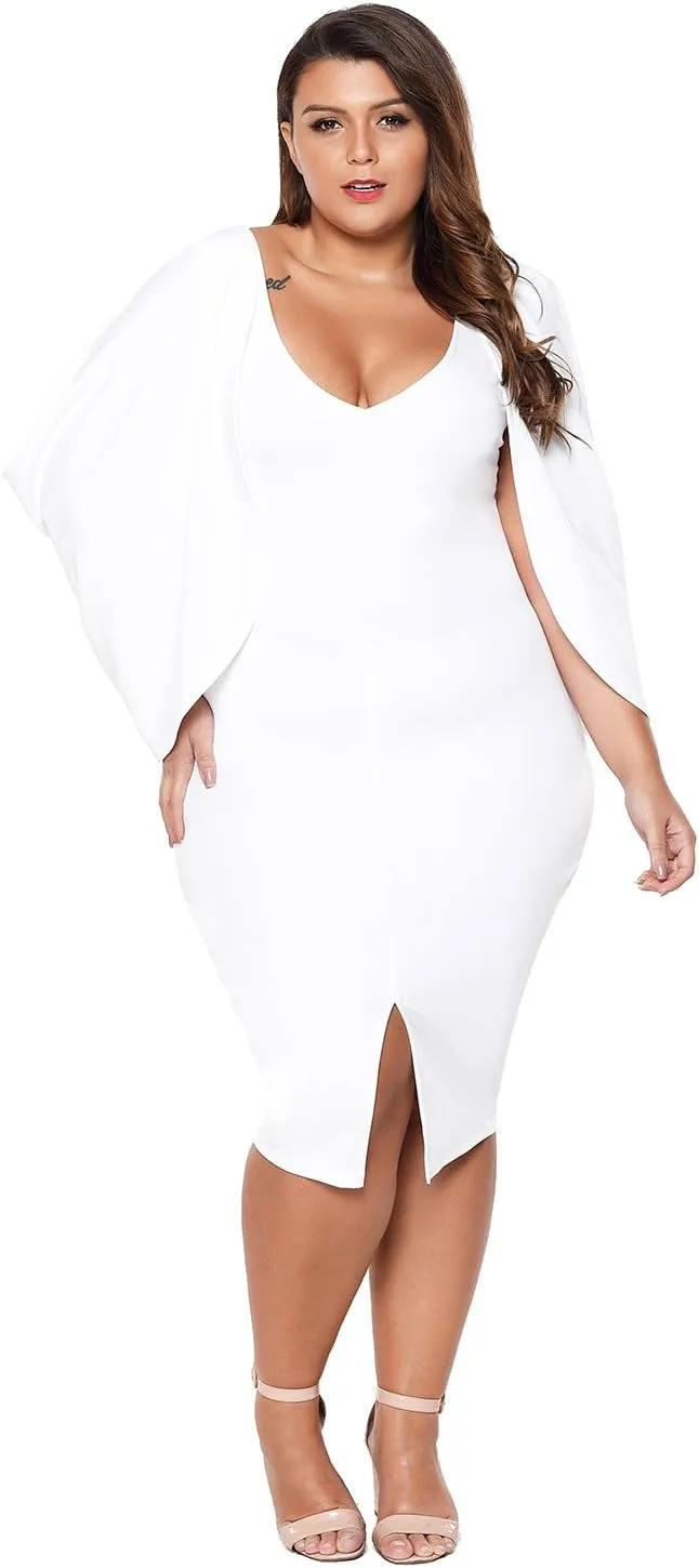 Women's Casual Fashion Cascading Slit Long Sleeve Midi Bodycon Plus Size Cocktail Party Dress