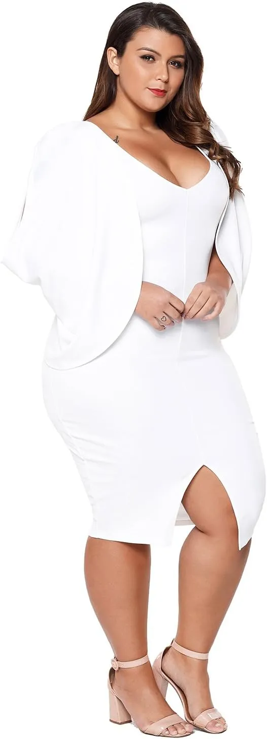 Women's Casual Fashion Cascading Slit Long Sleeve Midi Bodycon Plus Size Cocktail Party Dress