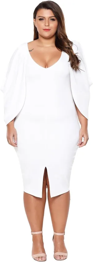 Women's Casual Fashion Cascading Slit Long Sleeve Midi Bodycon Plus Size Cocktail Party Dress