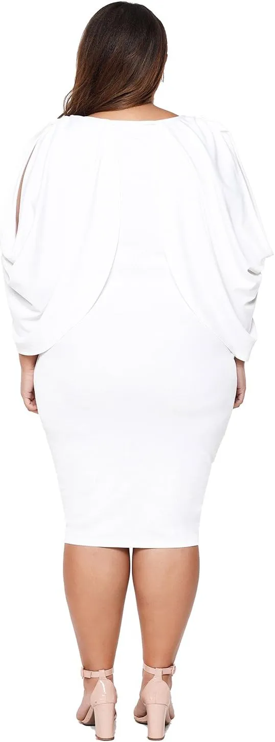 Women's Casual Fashion Cascading Slit Long Sleeve Midi Bodycon Plus Size Cocktail Party Dress