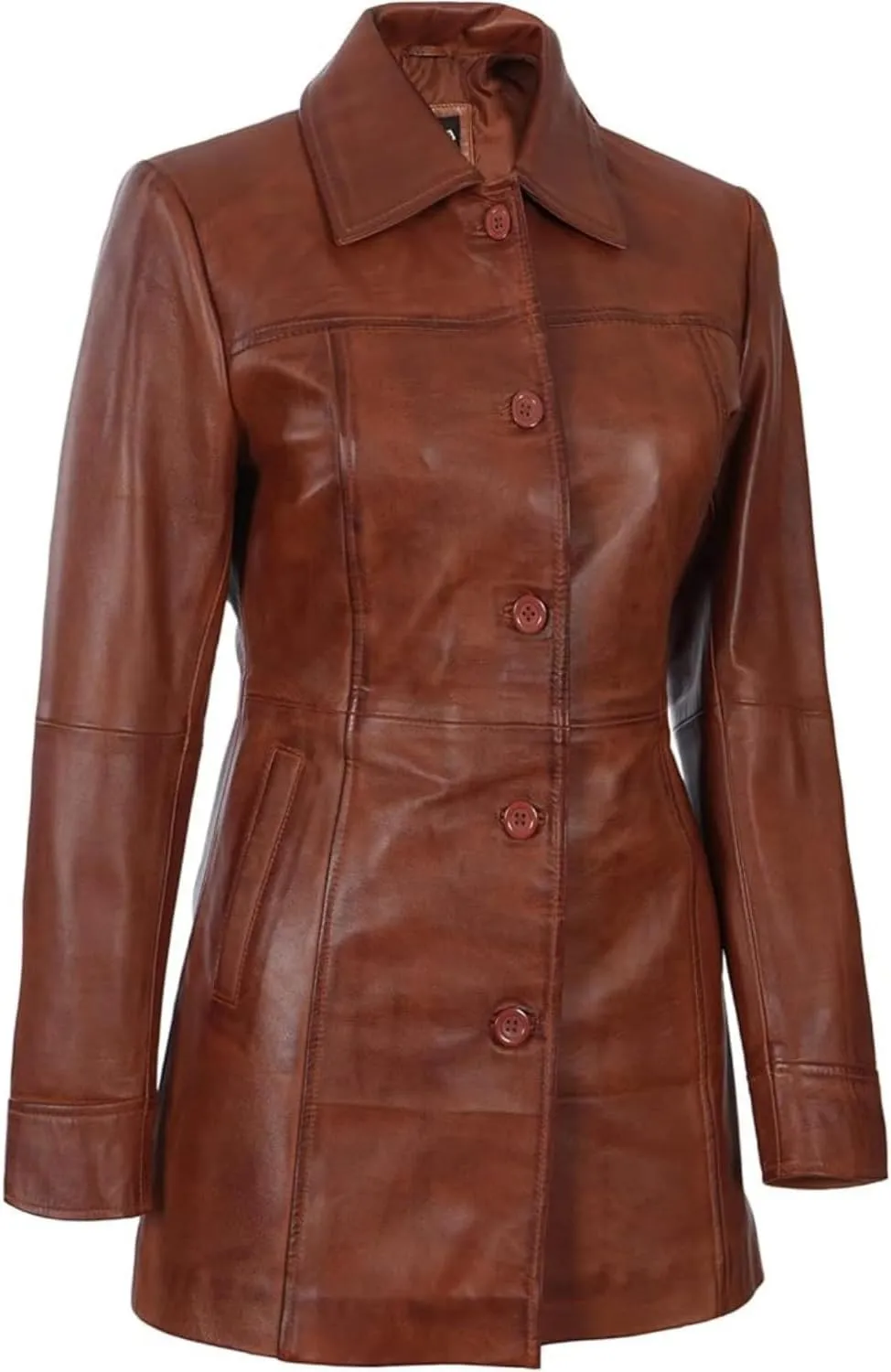 Women's Casual Genuine Lambskin Leather Front Button Up Car Coat Long Lenght Winter Fashion Jacket For Women
