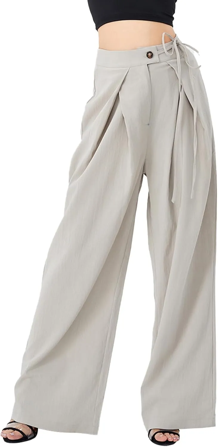 Women's Casual High Waist Wide Leg Pleated Pants Tie Waist Trousers