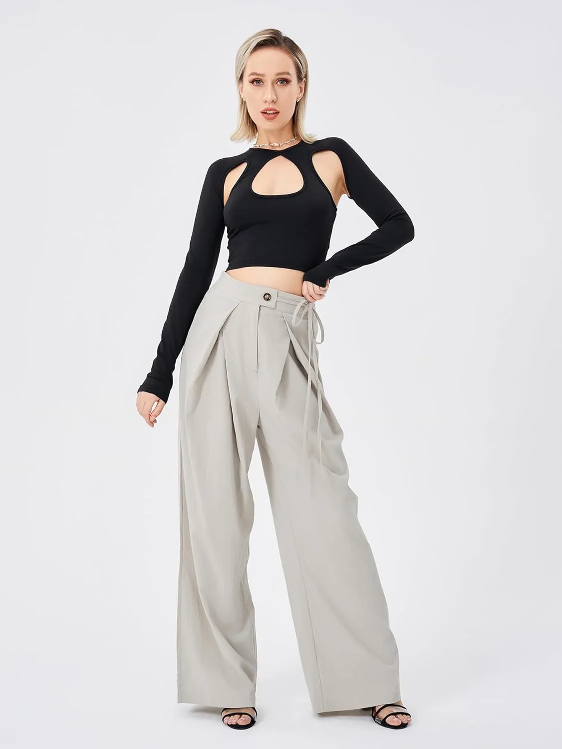Women's Casual High Waist Wide Leg Pleated Pants Tie Waist Trousers