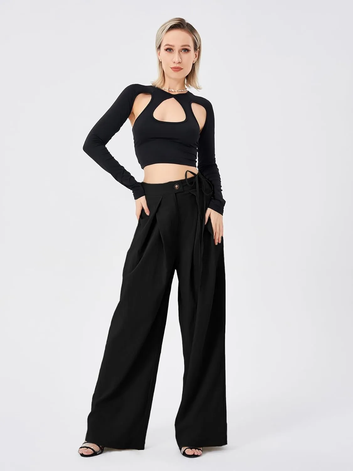 Women's Casual High Waist Wide Leg Pleated Pants Tie Waist Trousers