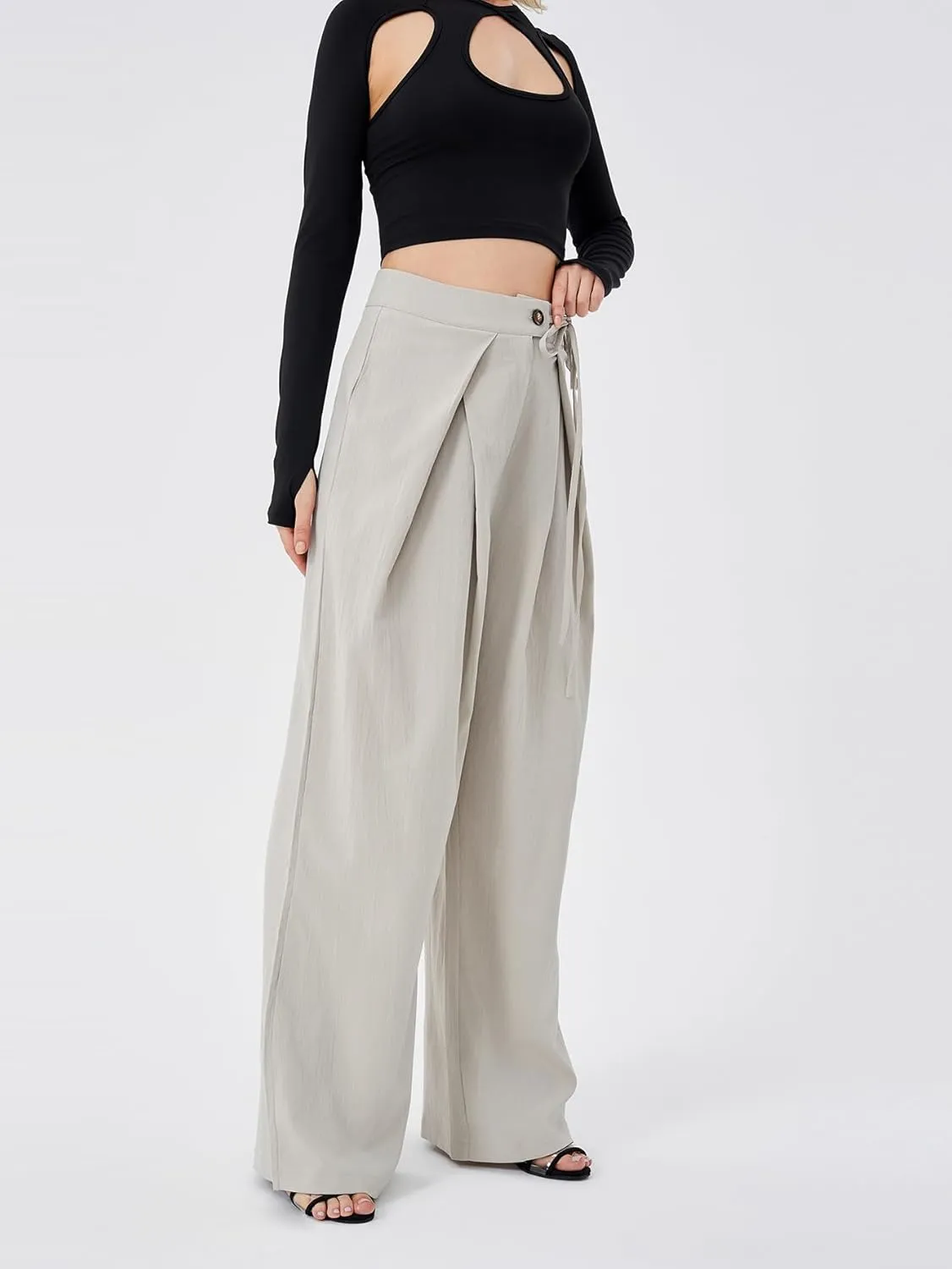 Women's Casual High Waist Wide Leg Pleated Pants Tie Waist Trousers