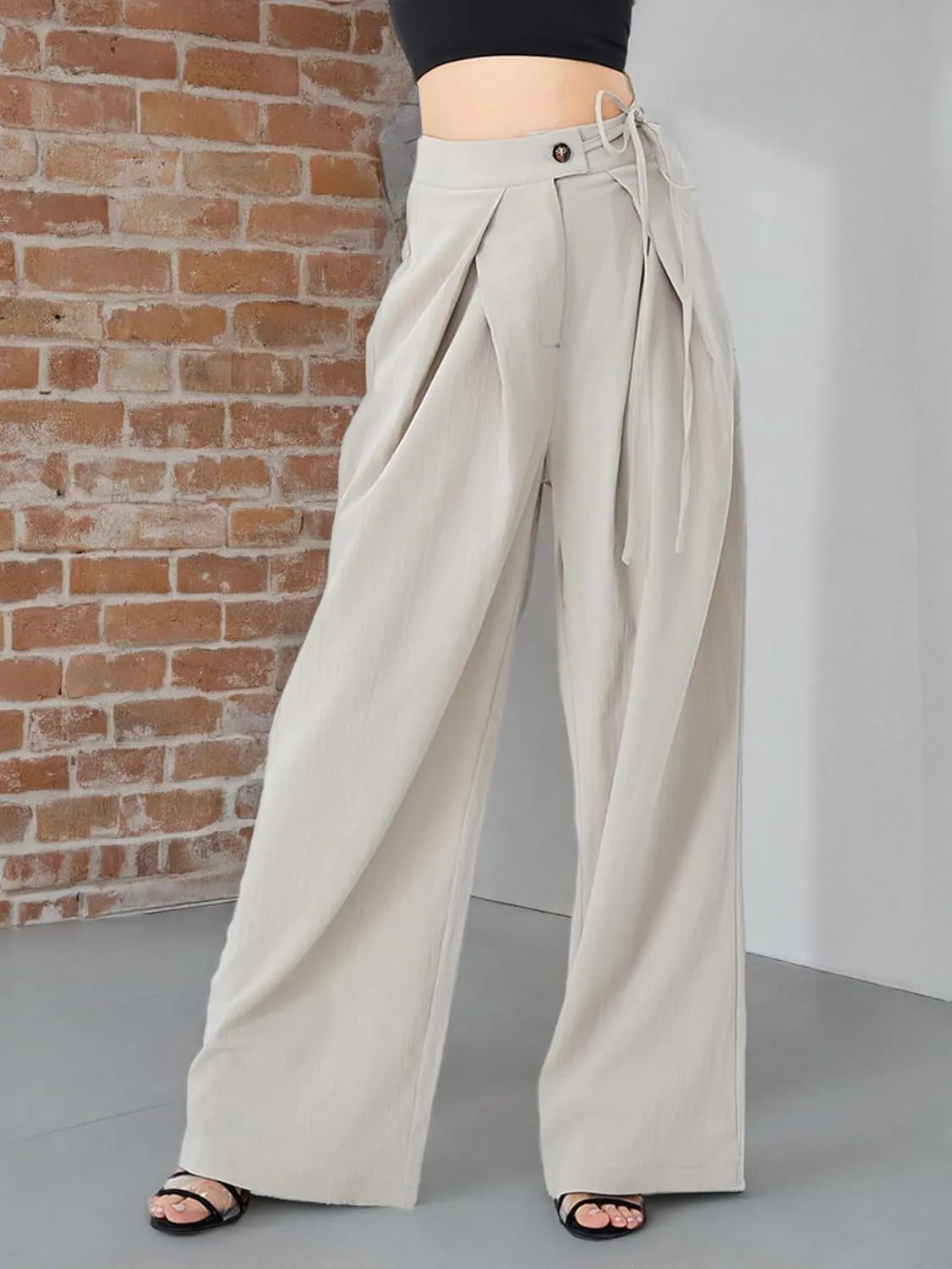 Women's Casual High Waist Wide Leg Pleated Pants Tie Waist Trousers