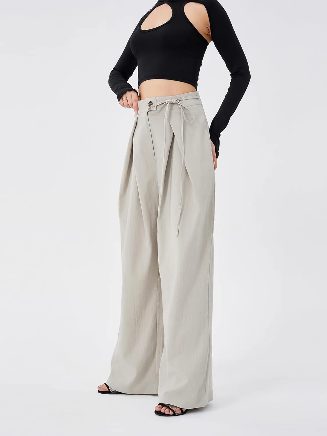 Women's Casual High Waist Wide Leg Pleated Pants Tie Waist Trousers