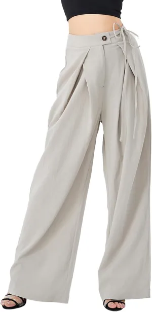Women's Casual High Waist Wide Leg Pleated Pants Tie Waist Trousers