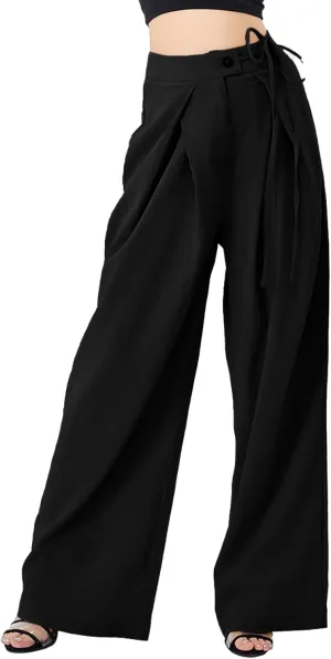 Women's Casual High Waist Wide Leg Pleated Pants Tie Waist Trousers