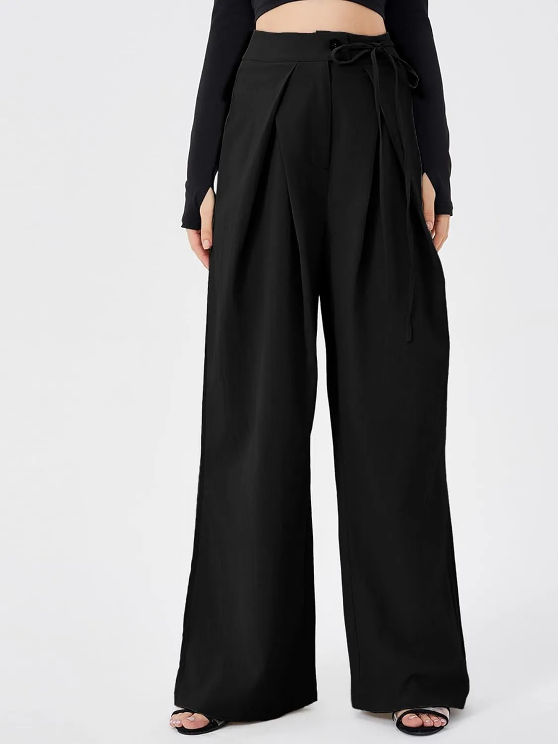 Women's Casual High Waist Wide Leg Pleated Pants Tie Waist Trousers