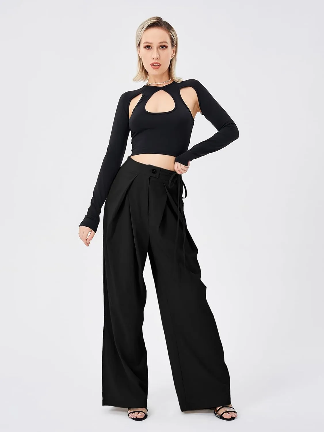 Women's Casual High Waist Wide Leg Pleated Pants Tie Waist Trousers