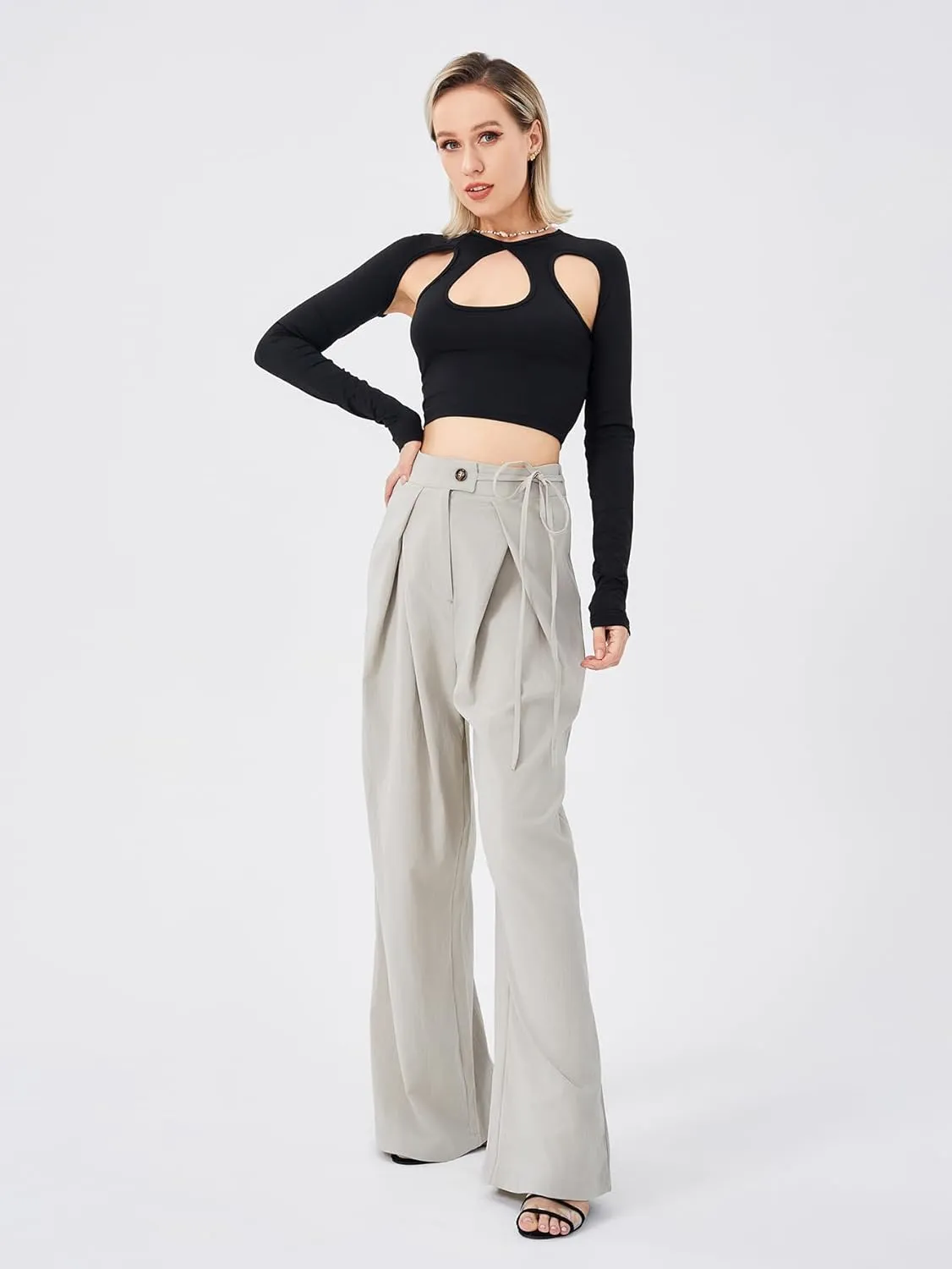 Women's Casual High Waist Wide Leg Pleated Pants Tie Waist Trousers