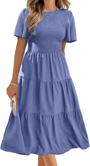 Womens Cute Summer Dresses Casual Short Sleeve Crew Neck Flowy Maxi Dresses Ruffle Boho Dress Vacation Beach Dresses