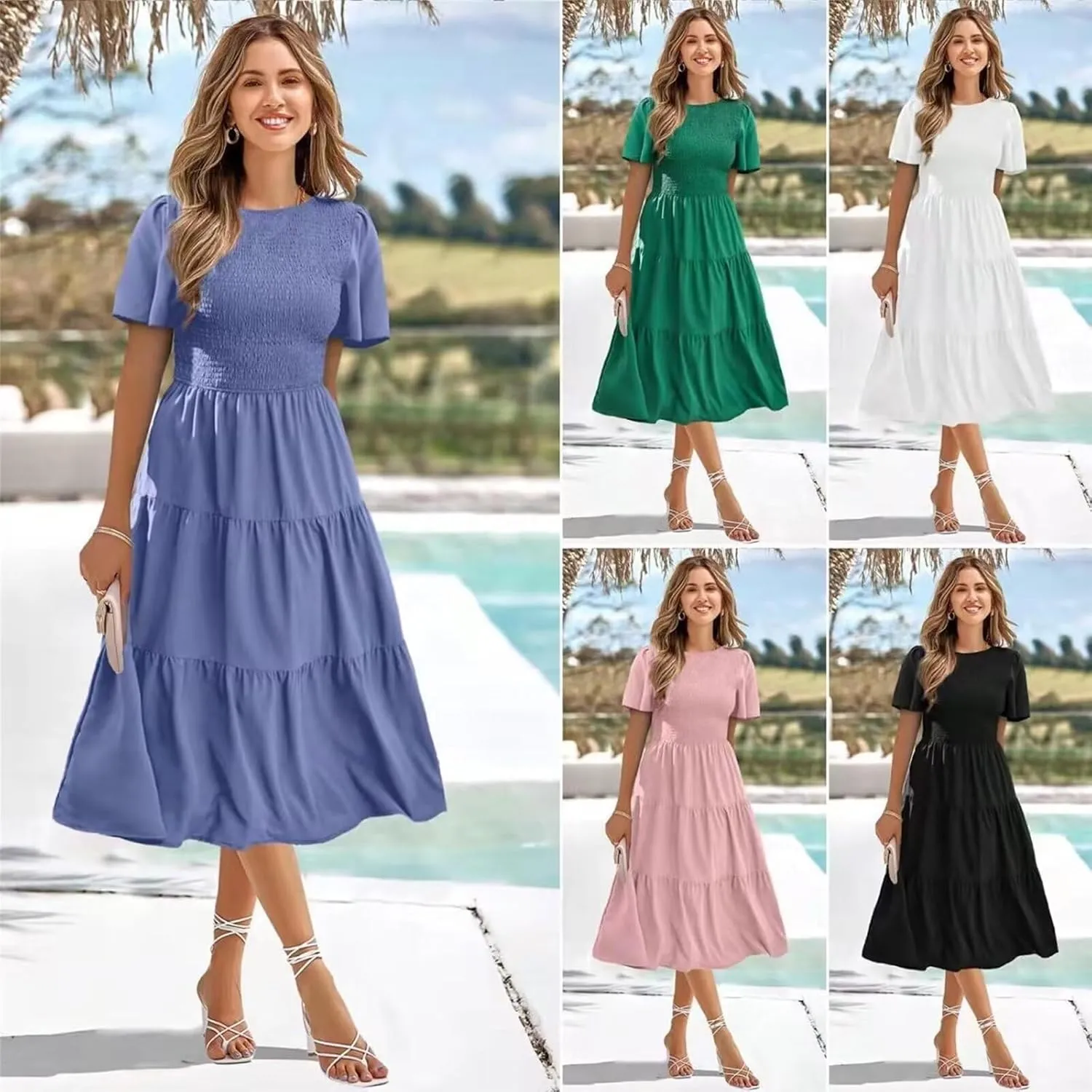 Womens Cute Summer Dresses Casual Short Sleeve Crew Neck Flowy Maxi Dresses Ruffle Boho Dress Vacation Beach Dresses