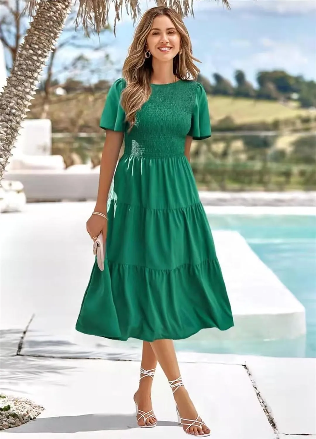 Womens Cute Summer Dresses Casual Short Sleeve Crew Neck Flowy Maxi Dresses Ruffle Boho Dress Vacation Beach Dresses