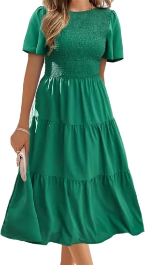 Womens Cute Summer Dresses Casual Short Sleeve Crew Neck Flowy Maxi Dresses Ruffle Boho Dress Vacation Beach Dresses