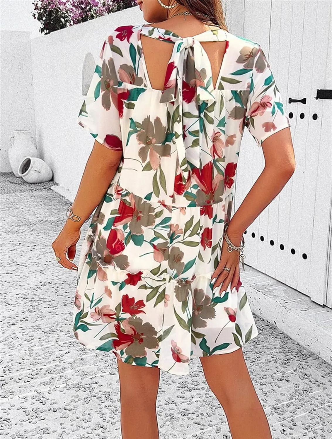 Womens Cute Summer Dresses Fashion Short Sleeve O Neck Mini Swing Dresses Ruffle Floral Vacation Dresses Plus Size
