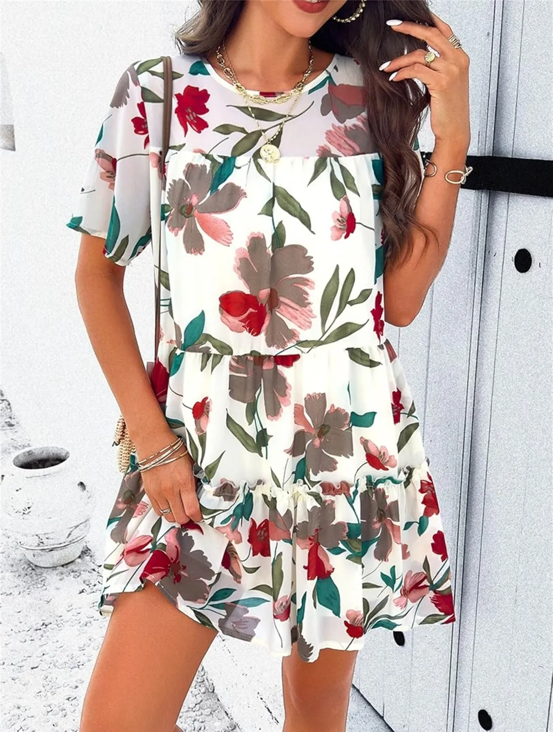 Womens Cute Summer Dresses Fashion Short Sleeve O Neck Mini Swing Dresses Ruffle Floral Vacation Dresses Plus Size