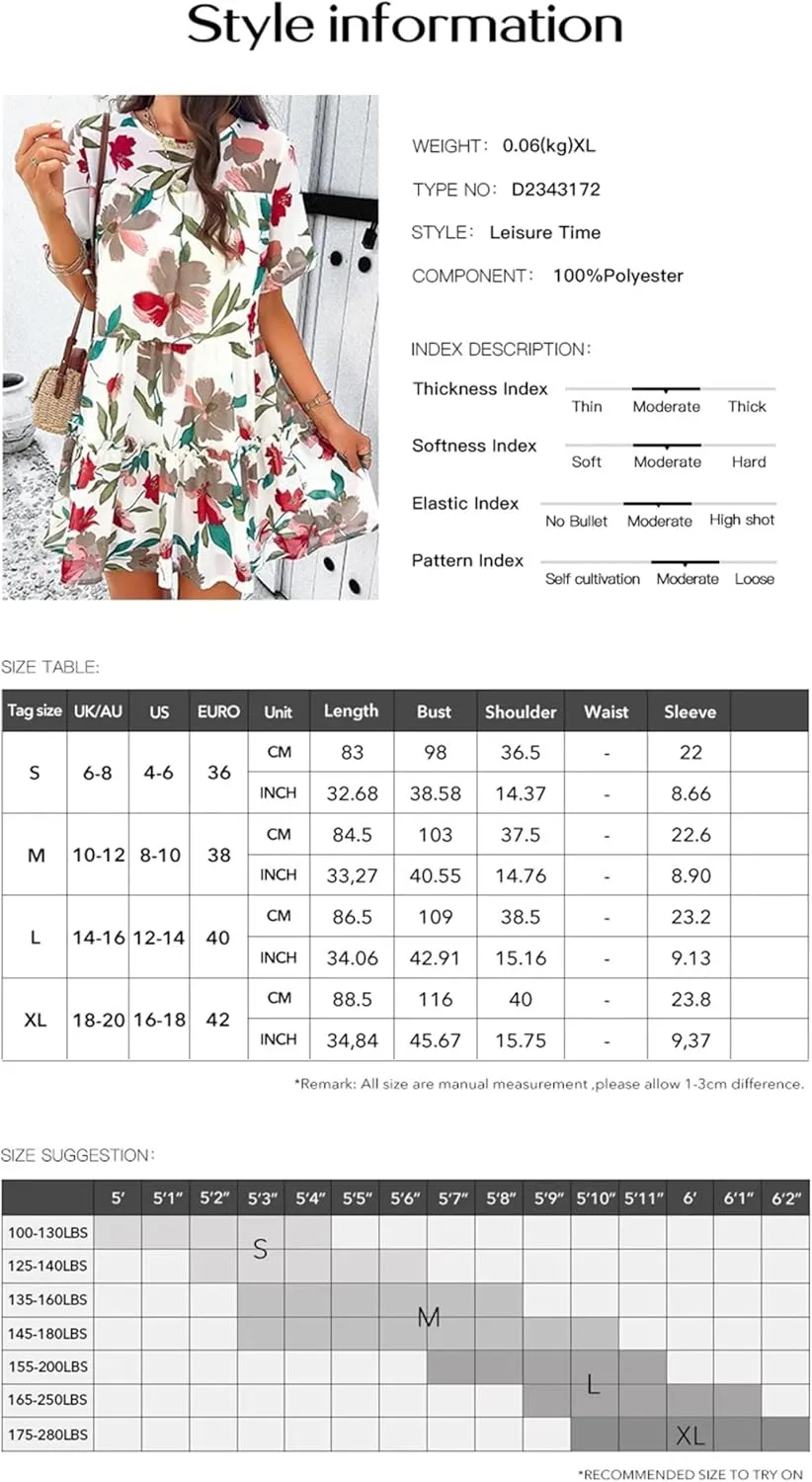 Womens Cute Summer Dresses Fashion Short Sleeve O Neck Mini Swing Dresses Ruffle Floral Vacation Dresses Plus Size