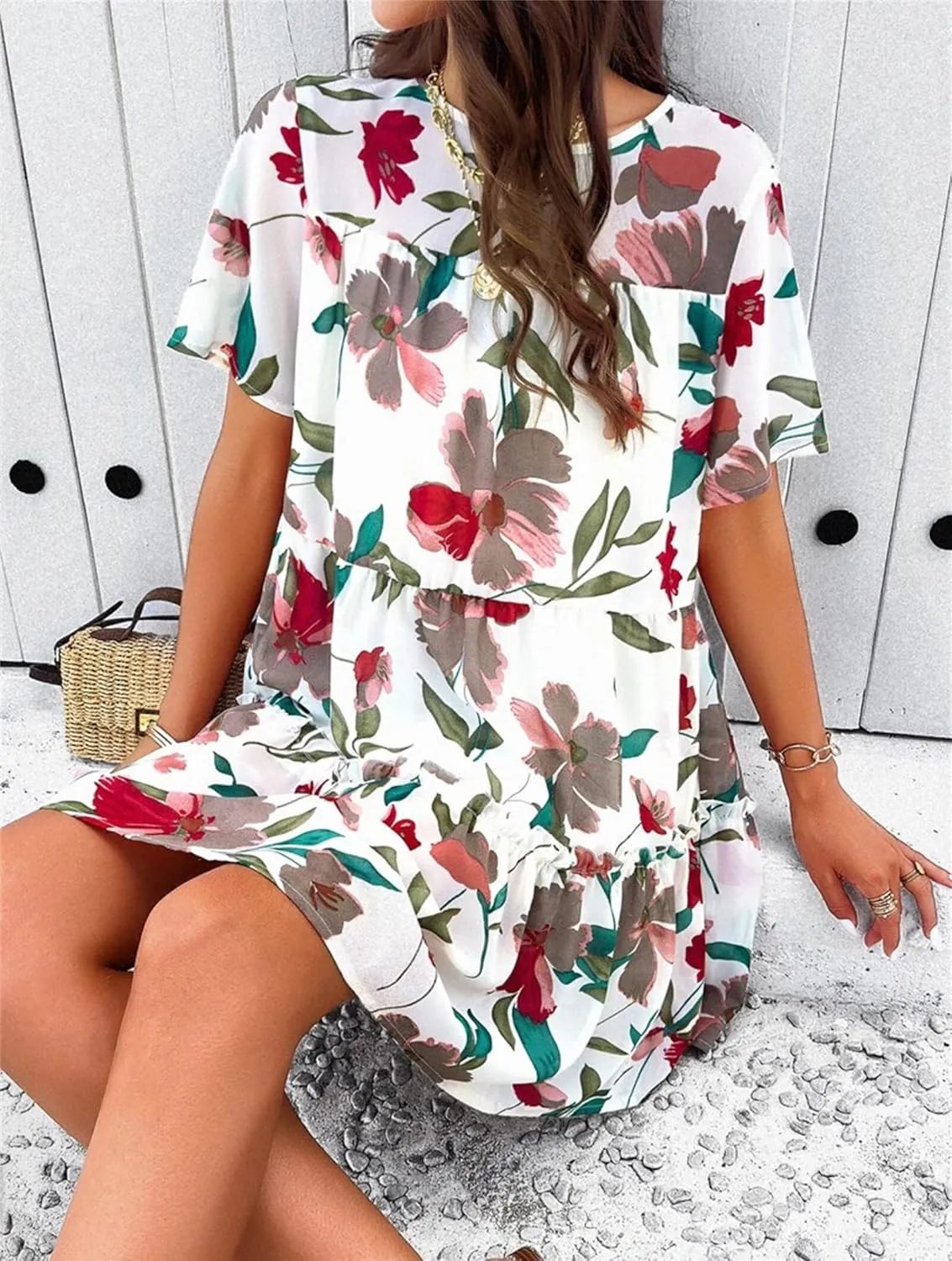Womens Cute Summer Dresses Fashion Short Sleeve O Neck Mini Swing Dresses Ruffle Floral Vacation Dresses Plus Size