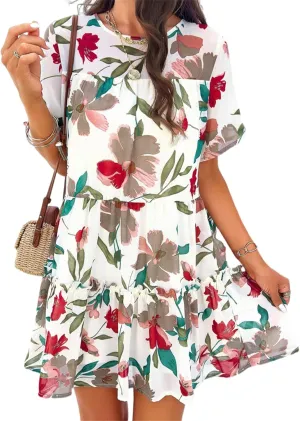 Womens Cute Summer Dresses Fashion Short Sleeve O Neck Mini Swing Dresses Ruffle Floral Vacation Dresses Plus Size