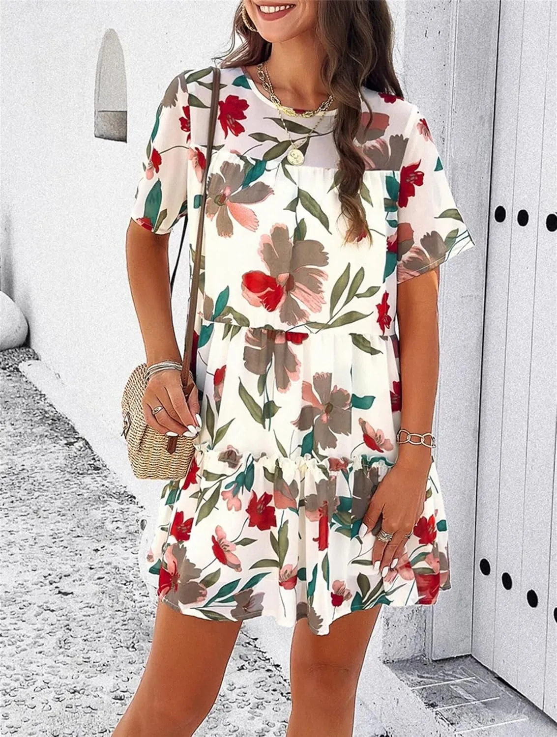 Womens Cute Summer Dresses Fashion Short Sleeve O Neck Mini Swing Dresses Ruffle Floral Vacation Dresses Plus Size