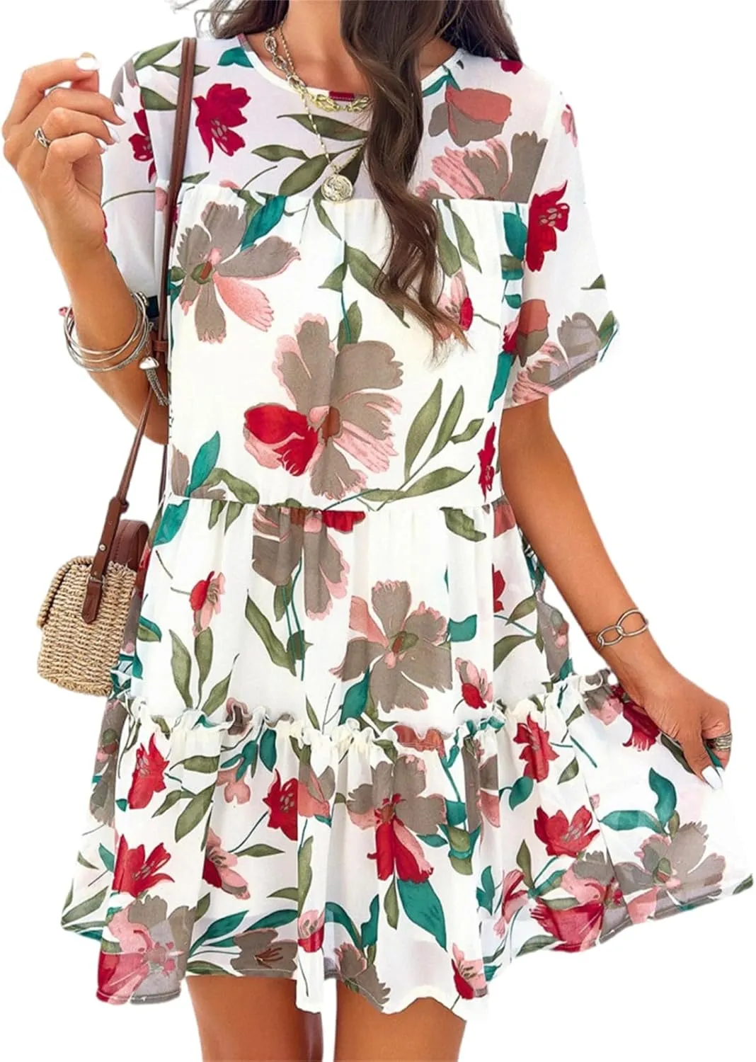 Womens Cute Summer Dresses Fashion Short Sleeve O Neck Mini Swing Dresses Ruffle Floral Vacation Dresses Plus Size