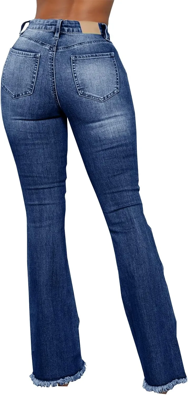 Women's Elastic Ripped Hole Classic Denim Bell Bottom Jeans