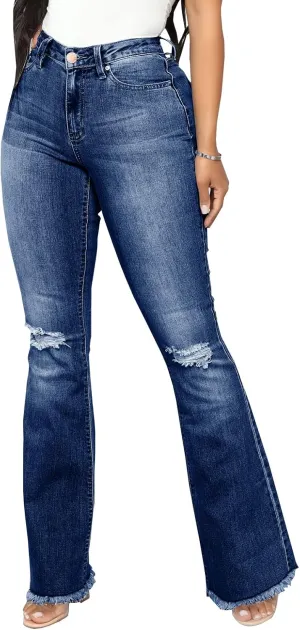 Women's Elastic Ripped Hole Classic Denim Bell Bottom Jeans