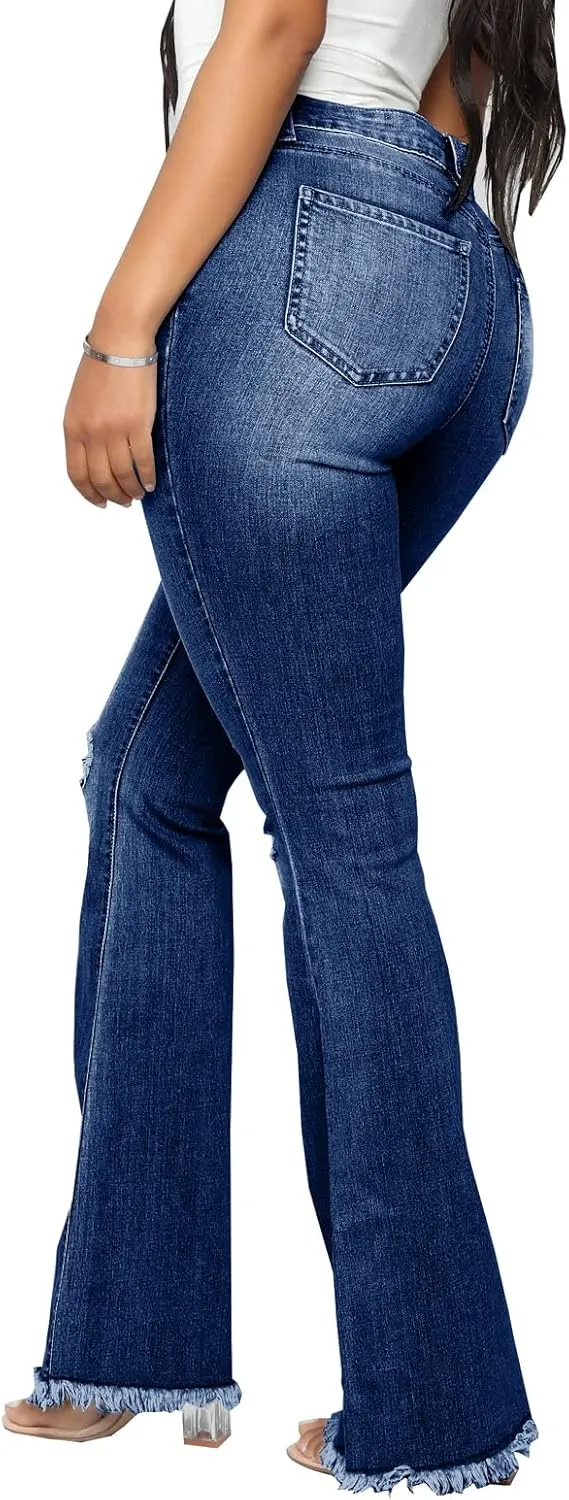 Women's Elastic Ripped Hole Classic Denim Bell Bottom Jeans