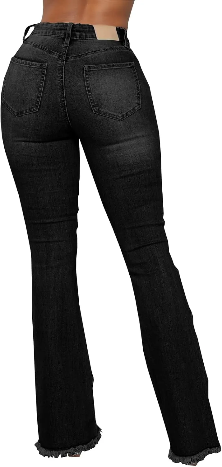 Women's Elastic Ripped Hole Classic Denim Bell Bottom Jeans