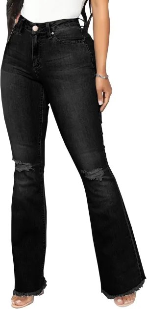 Women's Elastic Ripped Hole Classic Denim Bell Bottom Jeans