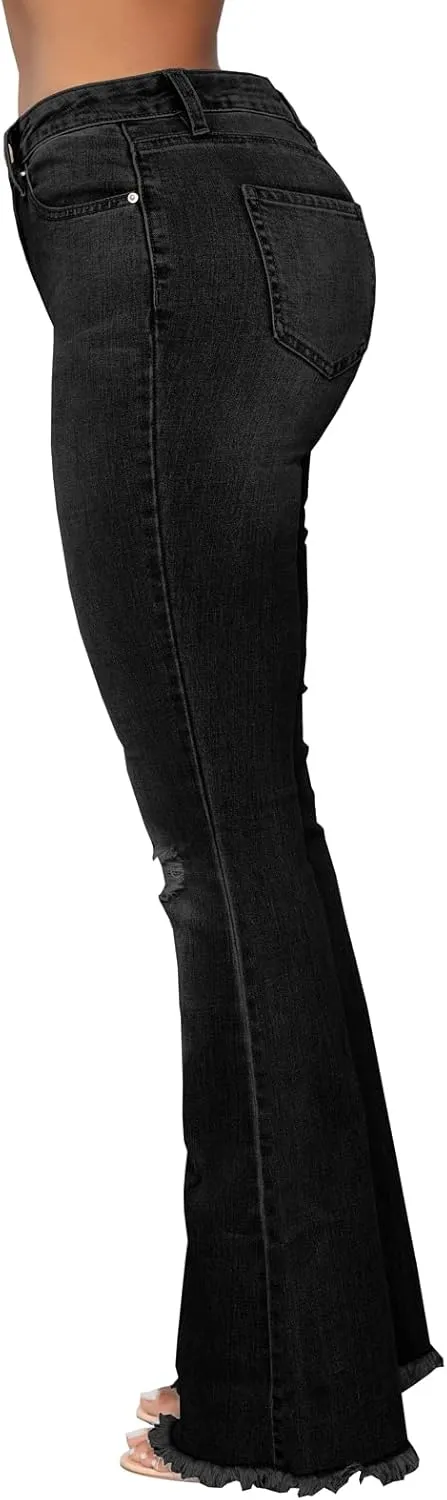 Women's Elastic Ripped Hole Classic Denim Bell Bottom Jeans