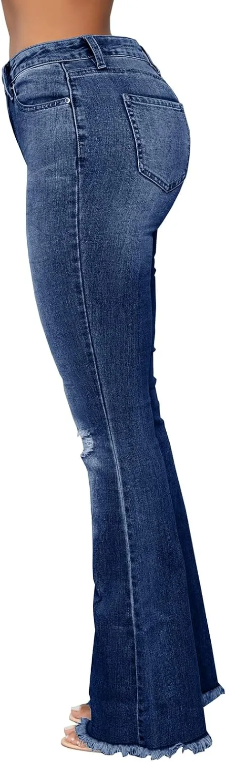 Women's Elastic Ripped Hole Classic Denim Bell Bottom Jeans