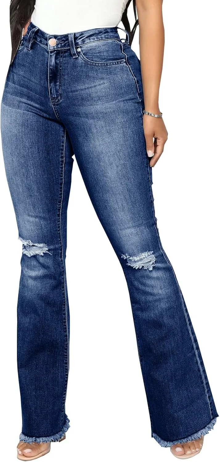 Women's Elastic Ripped Hole Classic Denim Bell Bottom Jeans