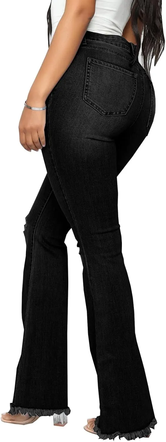 Women's Elastic Ripped Hole Classic Denim Bell Bottom Jeans