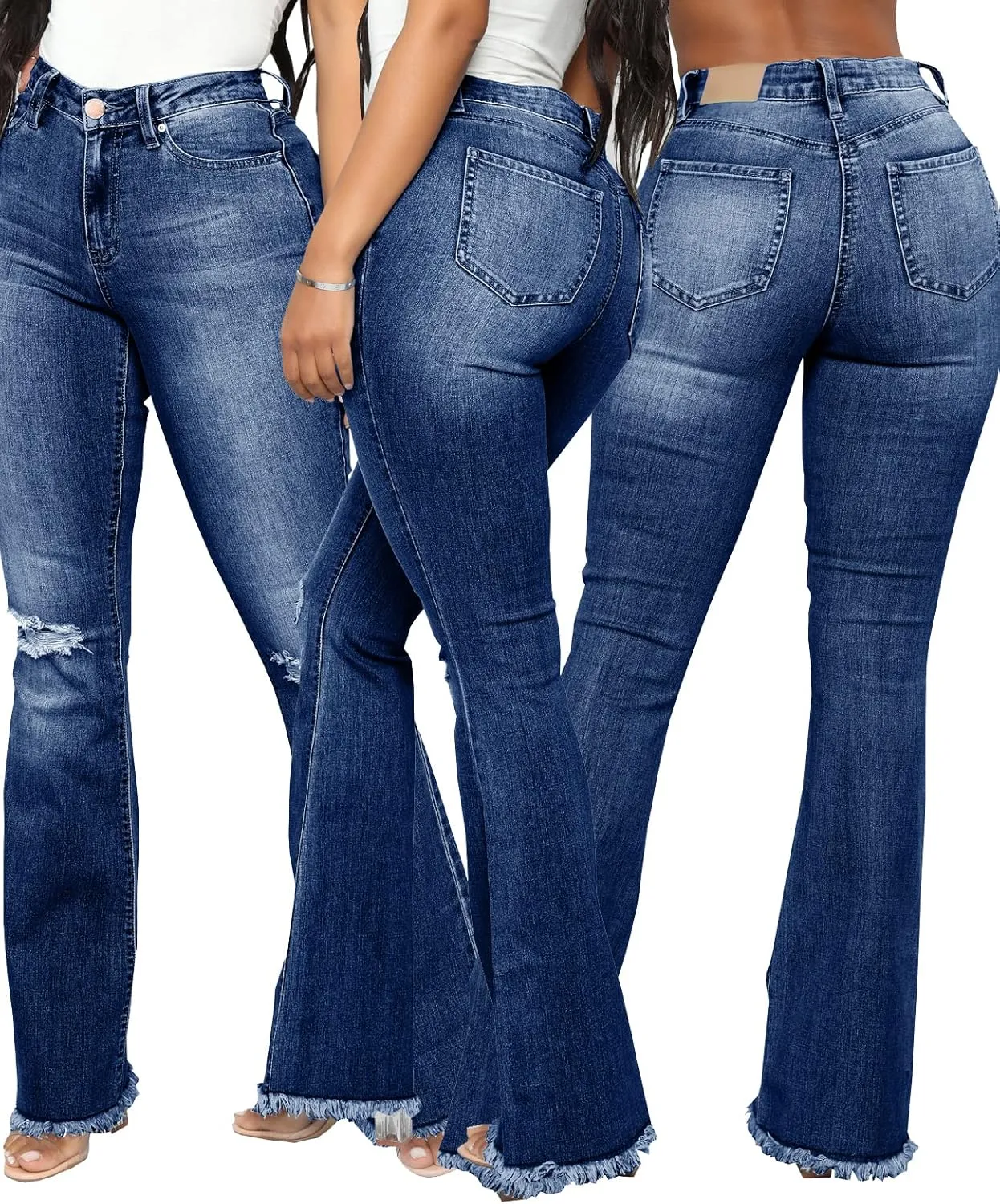 Women's Elastic Ripped Hole Classic Denim Bell Bottom Jeans