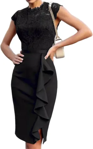 Womens Elegant Summer Dresses Casual Short Sleeve Mini Bodycon Dresses Sexy Lace Dress Formal Business Work Dresses