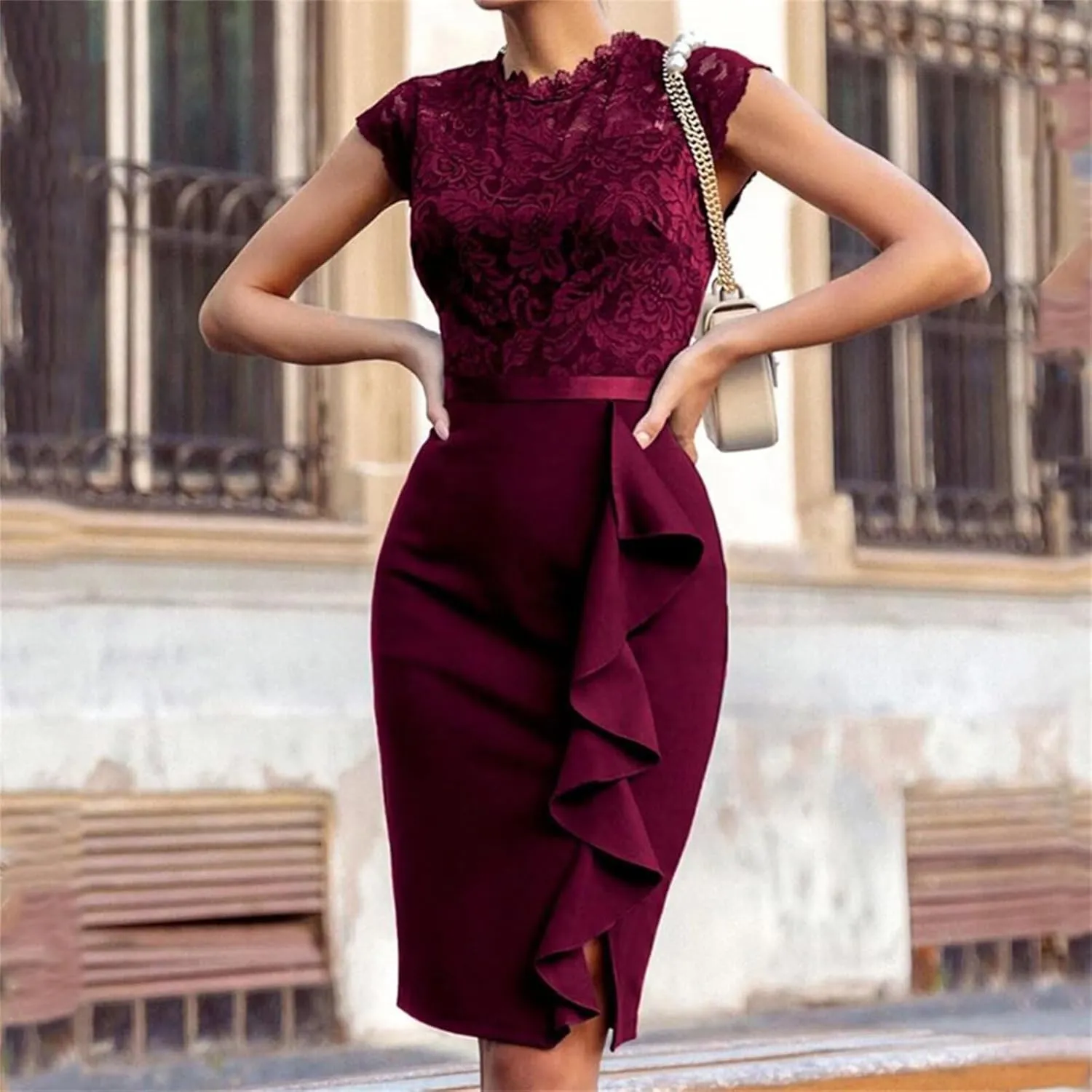 Womens Elegant Summer Dresses Casual Short Sleeve Mini Bodycon Dresses Sexy Lace Dress Formal Business Work Dresses