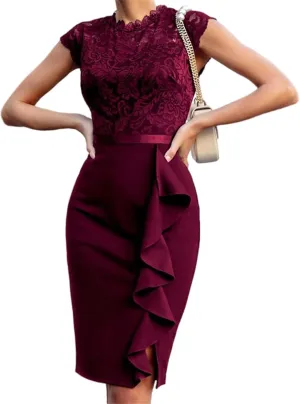 Womens Elegant Summer Dresses Casual Short Sleeve Mini Bodycon Dresses Sexy Lace Dress Formal Business Work Dresses