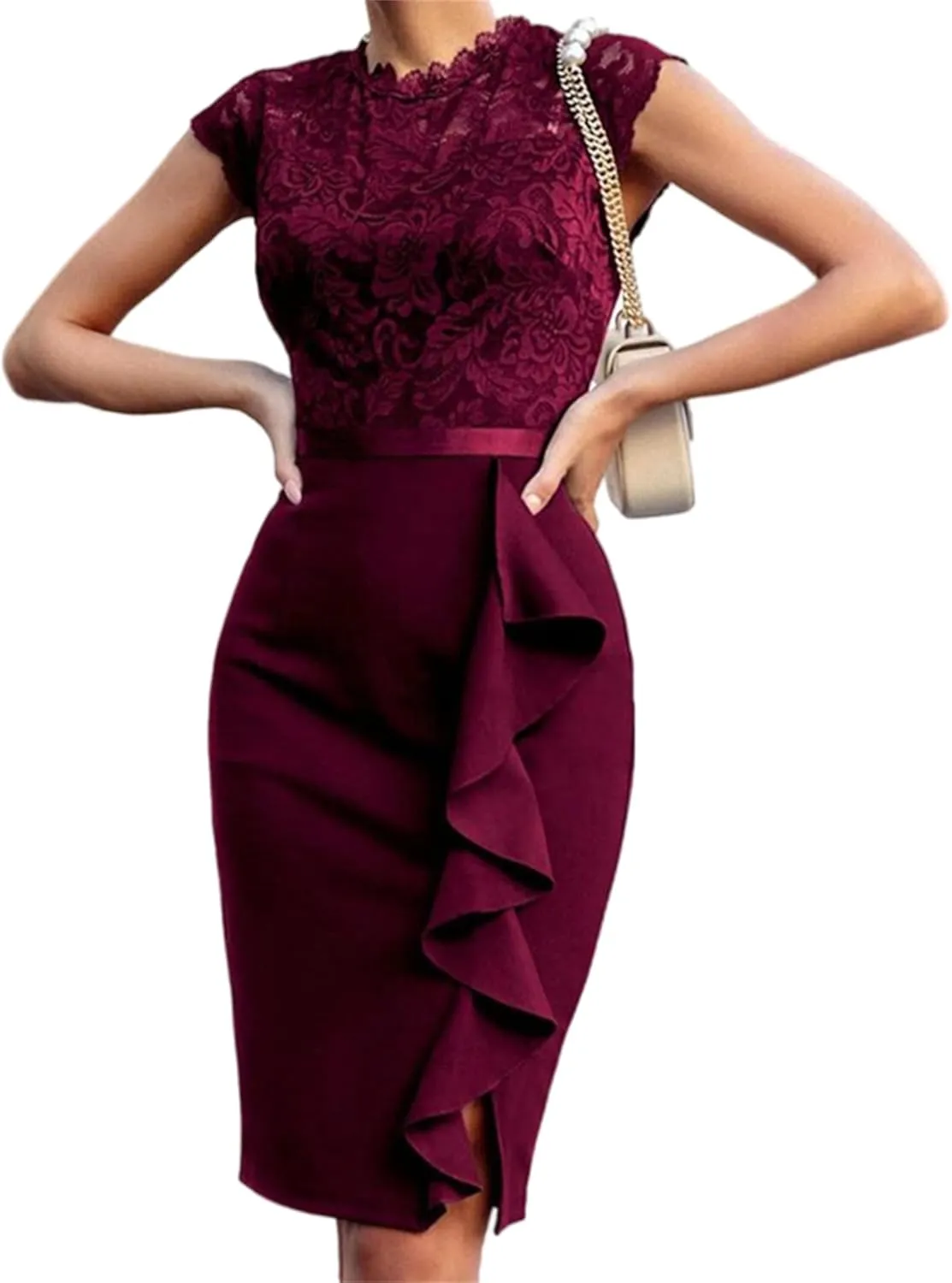 Womens Elegant Summer Dresses Casual Short Sleeve Mini Bodycon Dresses Sexy Lace Dress Formal Business Work Dresses