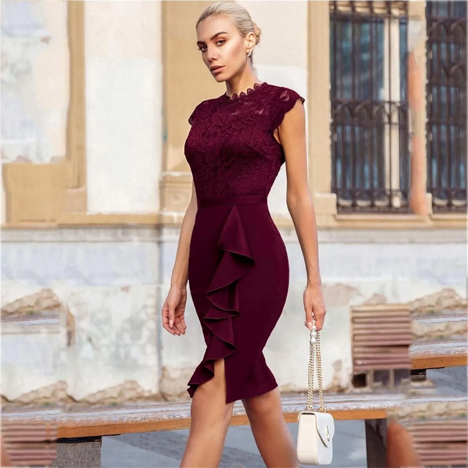 Womens Elegant Summer Dresses Casual Short Sleeve Mini Bodycon Dresses Sexy Lace Dress Formal Business Work Dresses