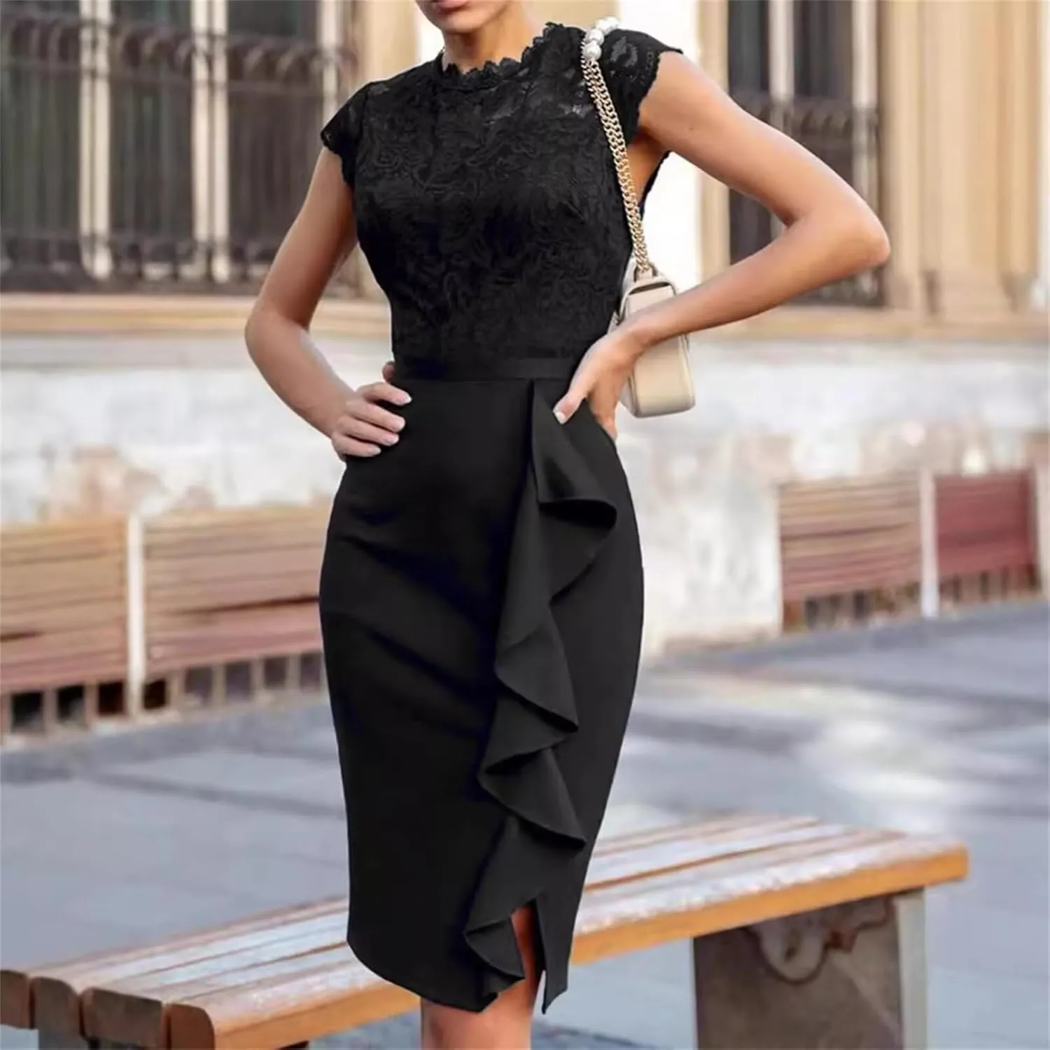 Womens Elegant Summer Dresses Casual Short Sleeve Mini Bodycon Dresses Sexy Lace Dress Formal Business Work Dresses