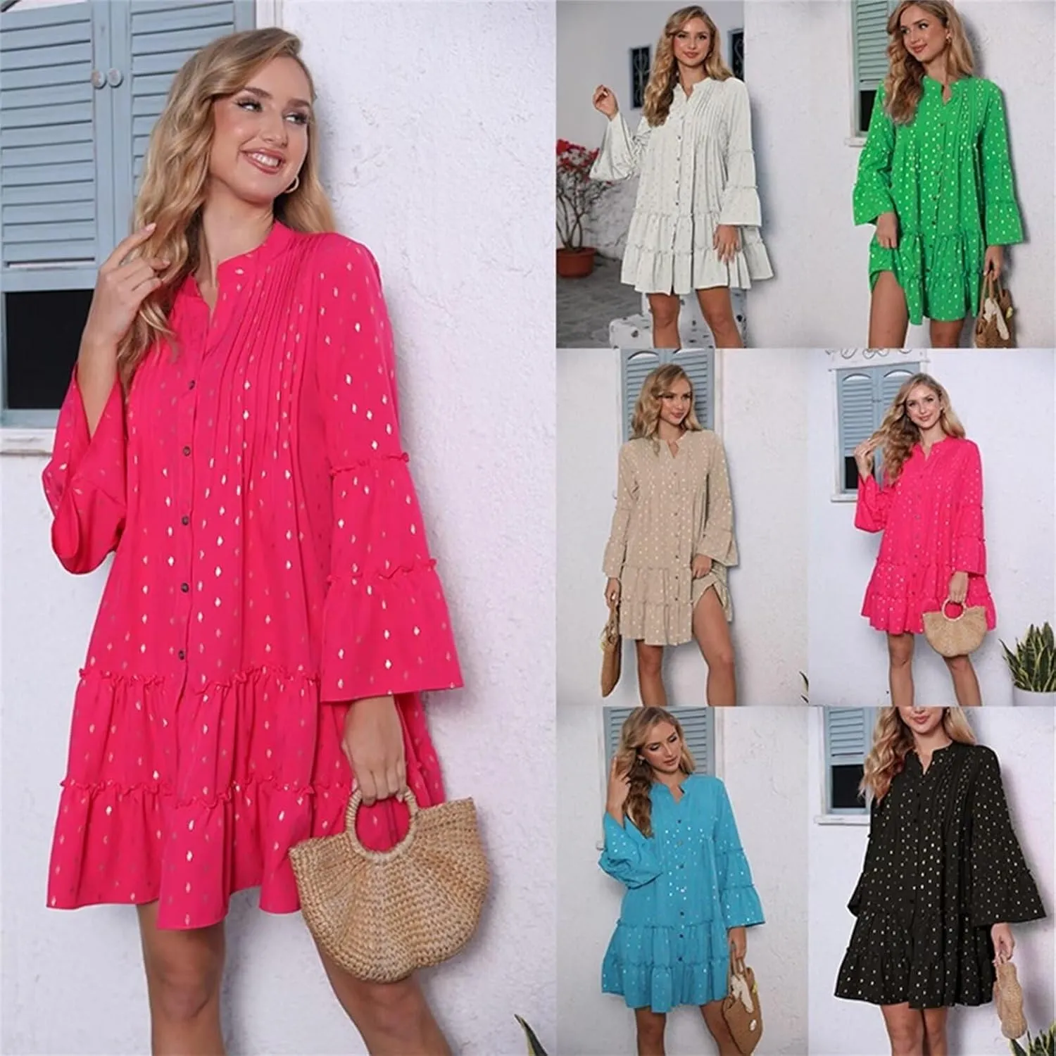 Womens Fashion Summer Dresses Long Sleeve Polka Dot Mini Dresses Womens Flowy Dresses Vacation Beach Dress Plus Size