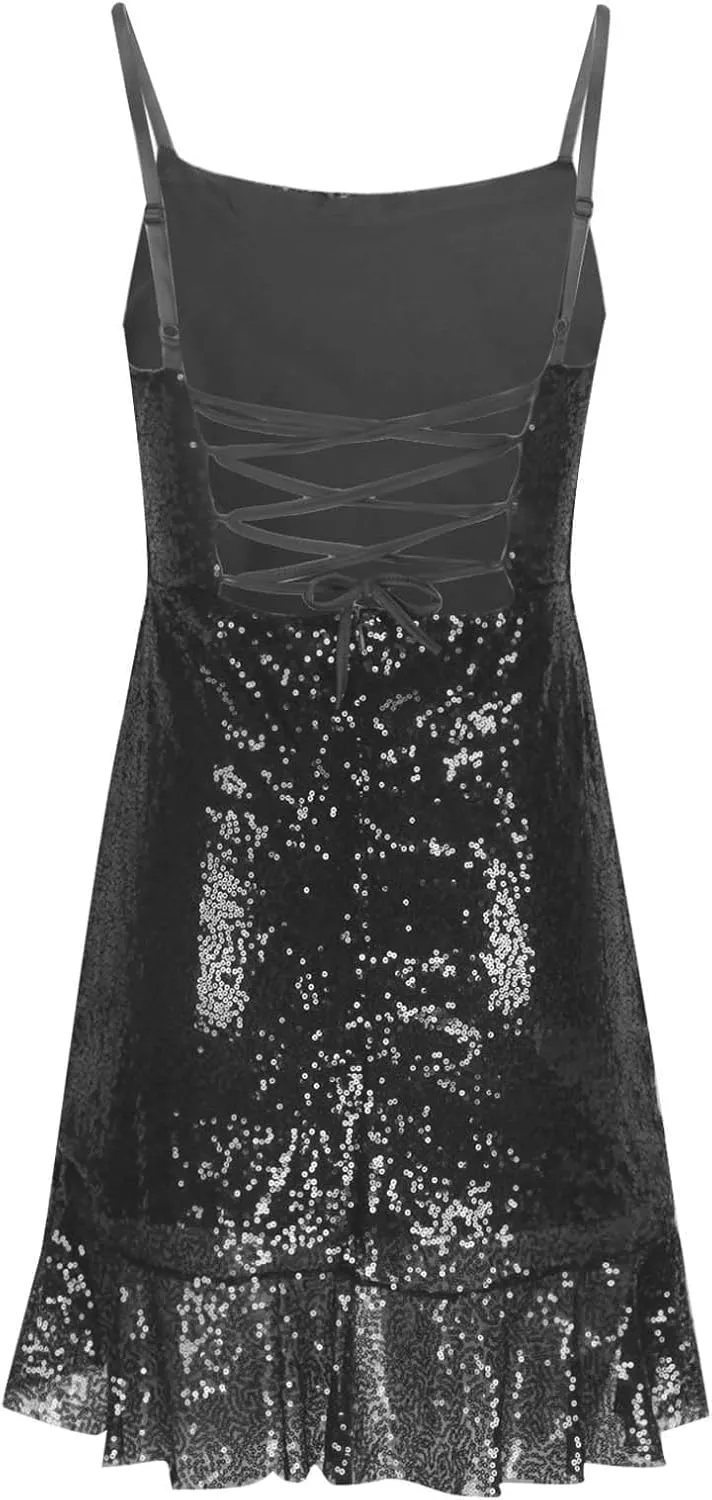Women's Glitter Sequin Dress Spaghetti Strap Fashion Sparkle Party Dresses Bodycon Cocktail Party Mini Dress Clubwear