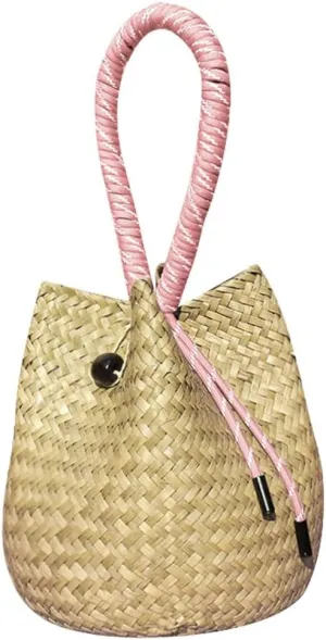 Womens Handwoven Spiral Bucket Bag Straw Tote Beach Vacation Purse Rattan Woven Wedding Handbag Summer Small Purse