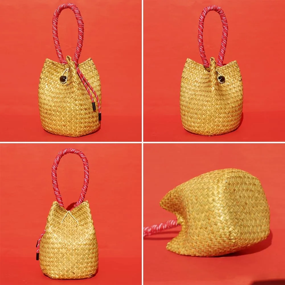Womens Handwoven Spiral Bucket Bag Straw Tote Beach Vacation Purse Rattan Woven Wedding Handbag Summer Small Purse